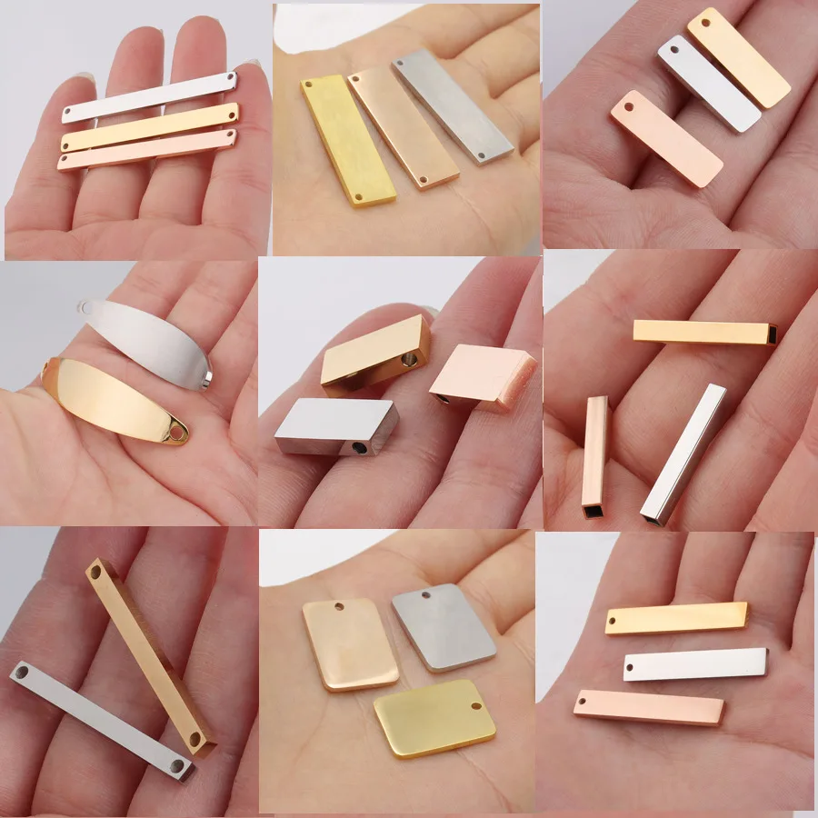 

20pcs Stainless steel rose gold Nature steel color double holes or one hole rectangle Tag bar Blank Charms For Necklace Pendant