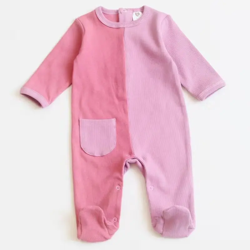 Pink purple pocket Детские хлопковые комбинезоны с длинными рукавами; Одежда для мальчиков и девочек; унисекс; комбинезоны с карманами; пижамы для новорожденных - Цвет: Pink purple pocket