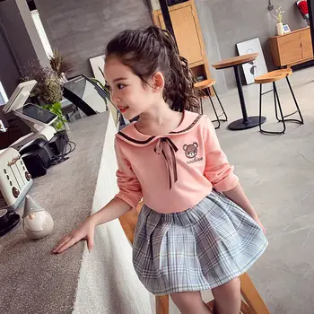 

Fashion Girls Fall Outfits Long Sleeve Sweet Tops + Plaid Skirt Sets Kid Children Clothes Sets 4 6 8 10 12 Year Girls Clothing