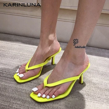 

KarinLuna 2020 New Arrivals Women Mules Sandals Square Toe Thin Heels Pumps Summer Elegant Dress Woman Shoes