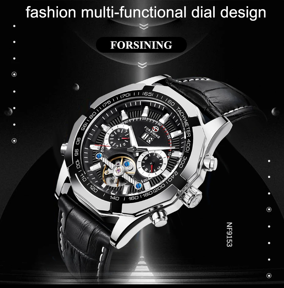 FORSINING Luxury Brand Men Automatic Mechanical Watch Men's Black Leather Band Canlendar Tourbillon Skeleton Wrist Watches