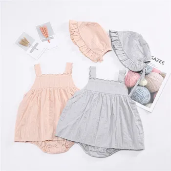 

Summer Newborn Baby Girl Clothes Solid Color Romper Jumpsuit Hat 2pcs Set 0-1 Year Old Girl Clothing Korean Baby Clothes