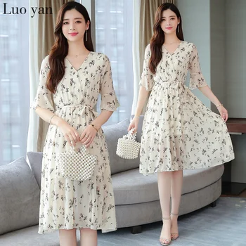 

2020 Elegant Apricot Floral Chiffon Midi Dresses Summer Plus Size Print Vintage Short Sleeve Dress Women Bodycon Party Vestidos