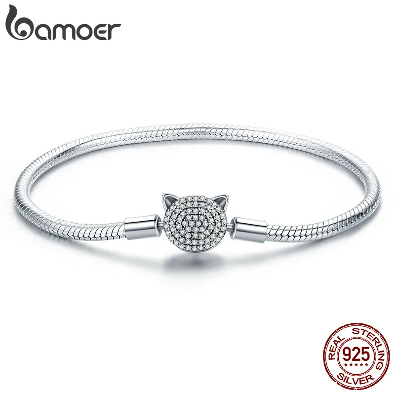 Женский браслет цепочка BAMOER из 100% 925 пробы серебра с милым котом сверкающим