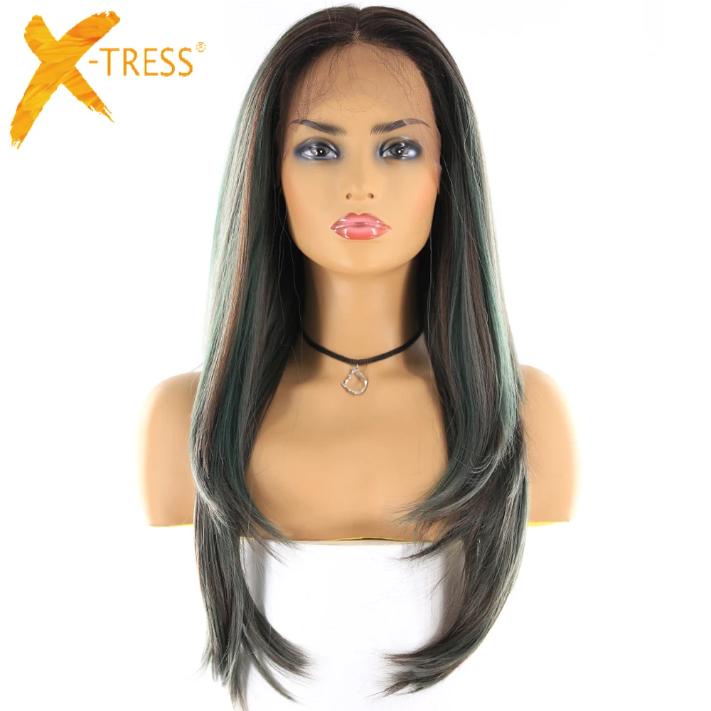 

Synthetic Lace Front Wigs 22-24inch X-TRESS Dark Roots Mixed Green Color Long Straight Lace Wig With Baby Hair Middle/Free Part