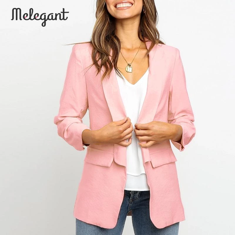 Melegant, Otoño Invierno 2019, Blazer rosa, abrigo para mujer, moda alta, sólidos casuales, abrigos, Blazer para AliExpress