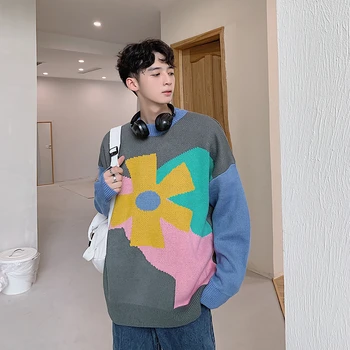 

2019 Men's Fashion Cashmere In Warm Knitting Flower Printing Round Neck Long Sleeve Coats Woolen Pullover Casual Loose Sweater