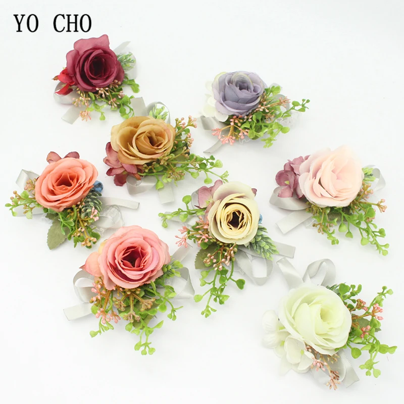 Yo Cho Falso Fiore Della Rosa Boutonniere Sposa Polso Corsage Braccialetto Della Ragazza Della Rosa Fiore Di Seta Degli Uomini Spilla Spilli Partito P