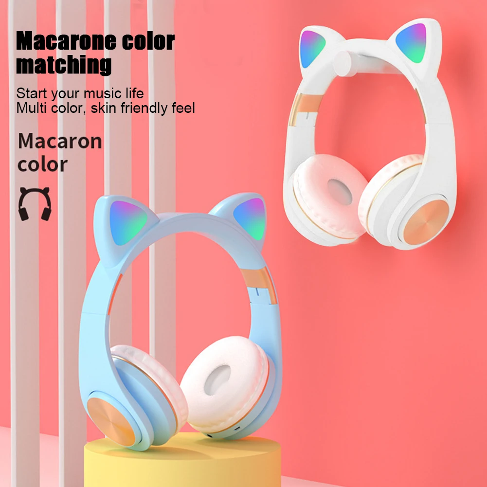 HIFI FM Radio Noise Cancelling Wireless Bluetooth Headset Cat Ear Built In Microphone Calling Gaming Portable With LED Light