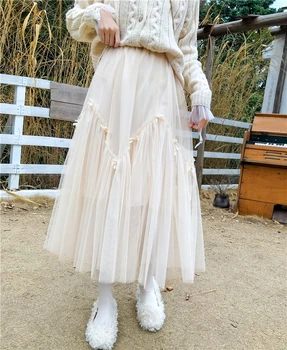 

Princess sweet lolita skirts Japanese sweet soft girl super fairy skirts Apricot sweet bow mesh skirts fashion women XH186