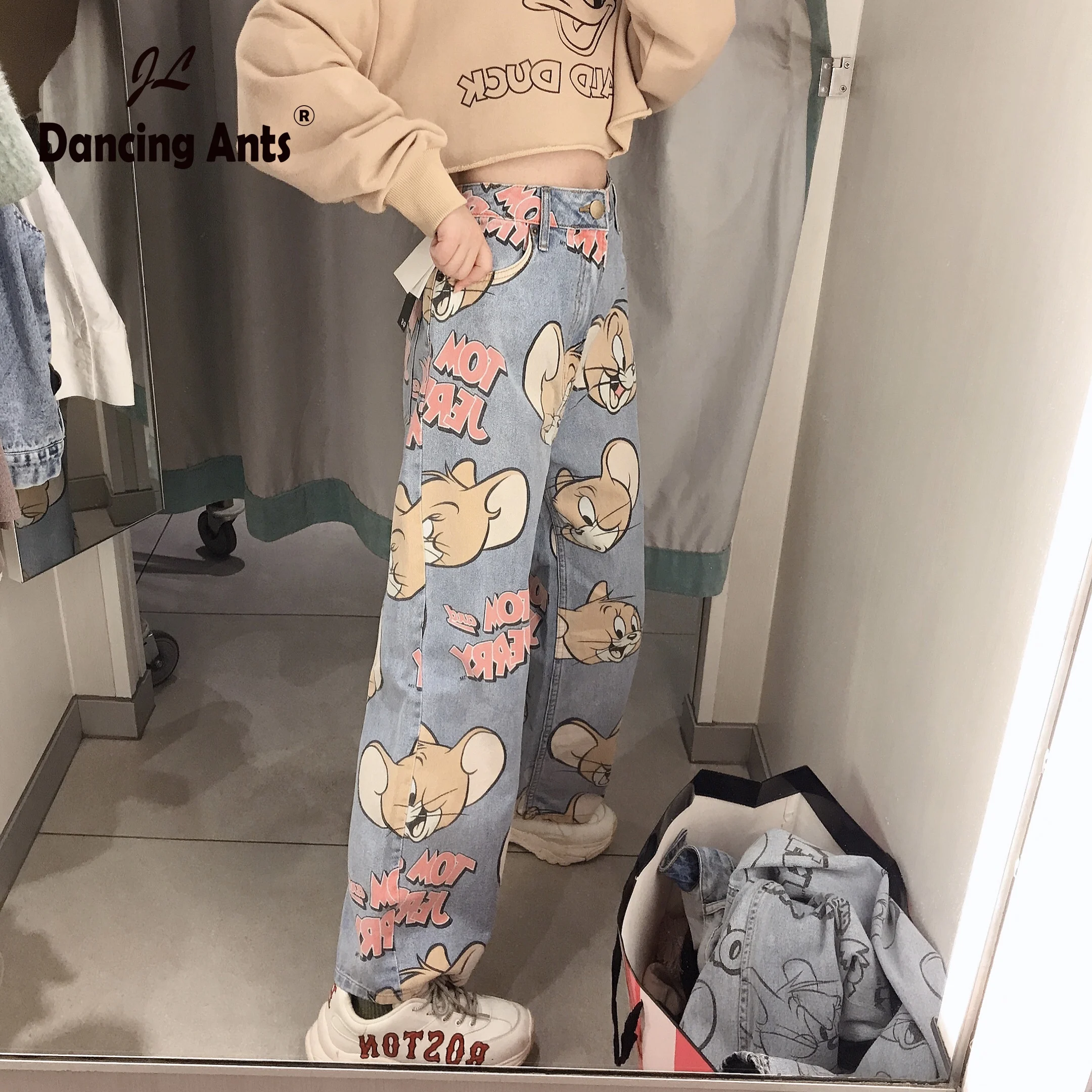 

Woman Jeans High Waist Loose Straight Pants Korean Style Cartoon Printed Zipper Fly Casual Female Long Trousers 2020 New Fashion