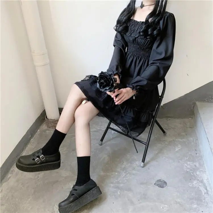 Japanese Lolita Style Women Princess Black Mini Dress Slash Neck High Waist Gothic Dress Puff Sleeve Lace Ruffles Party Dresses satin dress