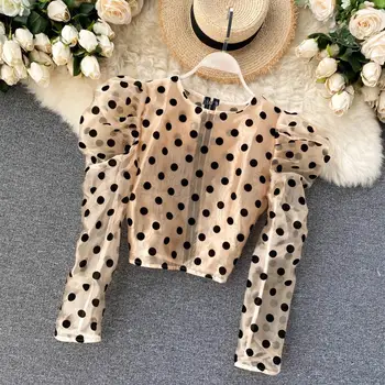 

Vintage Polka Dot Women Blouses Summer Puff Sleeved Long-Sleeved Short High Waist Lady Females Pulls Tops
