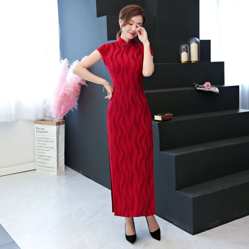 2019 пикантные китайские для женщин Cheongsam платья для длинные стиль элегантный бархат Атлас Forking Qipao традиционные китайский Танг Вечерние