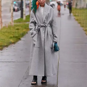 

Fashion Women Winter Pockets Wool Blend Jackets Turndown Neck Straight Long Outerwear Long Sleeves Belt Loose Coat