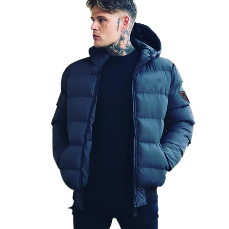 navy Winter Men's Hooded Full Zip Warm Cotton Sports Bomber Jackets Muscle Fit Fashionable Tide Casual Coat - Цвет: navy