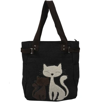 

Women's messenger handbag canvas bag with cute cat small shopping shoulder bag Black