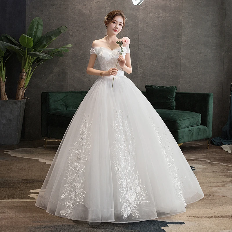 

Wedding Dress 2020 New Elegant Boat Neck Luxury Lace Appliques Lace Up Ball Gown Princess Vestido De Noiva Plus Size