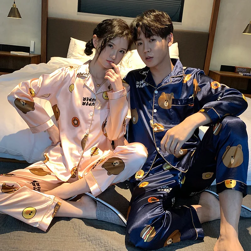 

[Temperature Attitude Warm] Spring Couples Pajamas Imitated Silk Fabric Viscose Cartoon Long-sleeve Suit Men And Women Home Wear