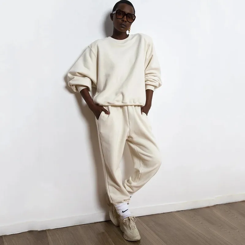 

Basic Simple 2 Pcs Sets for Women Oversized O-Neck Sweatshirt Drawstring Sport Pants Ladies Fall Winter Clothes Two Piece Suits