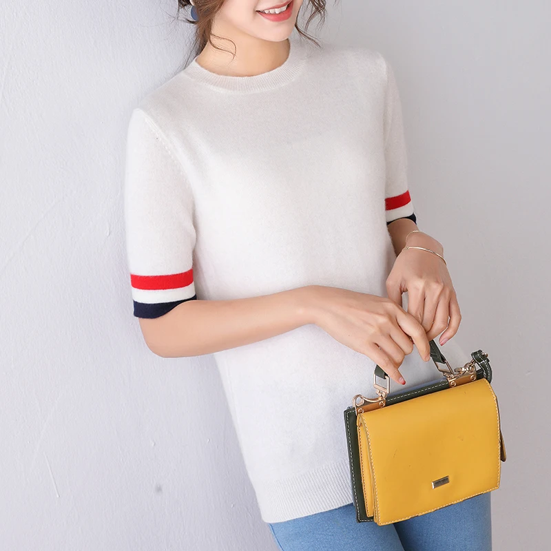 female T-shirt white knitted pullover short sleeves spring warm fashion women tops round neck short casual wool shirt female T-shirt white knitted pullover short sleeves spring warm fashion women tops round neck short casual wool shirt