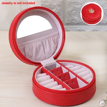 

Organizer Multi-layer Jewelry Box Necklace PU Leather With Mirror Earring Holder Round Case Display Solid Crown Design Portable