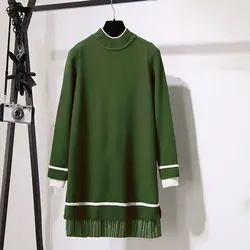 Средней длины ложный Двухсекционный пуловер свитер Женская Толстая Базовая рубашка трикотажное платье