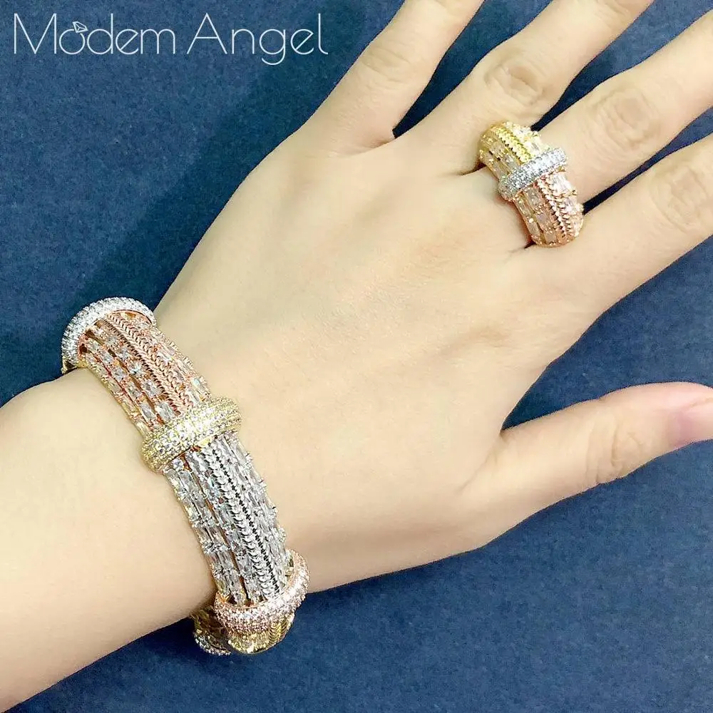 Three colors ModemAngel, роскошные африканские браслеты, кольца, наборы, модные, Дубай, серебряные, Свадебные Ювелирные наборы для женщин, свадебные brincos para as mulheres 2 - Окраска металла: Three colors