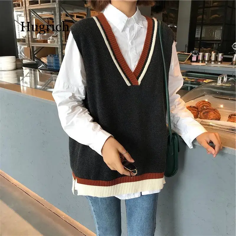 Early Spring 2021 New School College Wind Color Matching V-Neck Sweater Women's Head Loose Knit