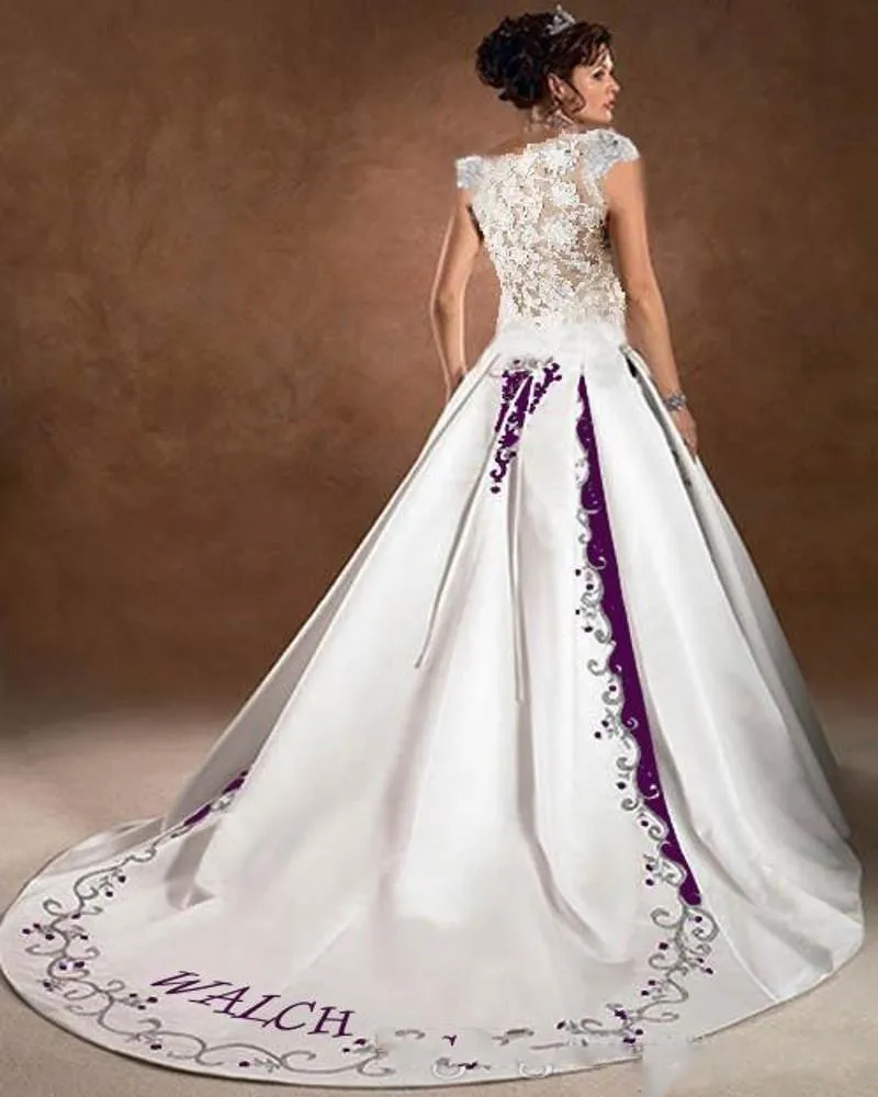 Purple And White Wedding Dress A Line Satin Lace Embroidery Court