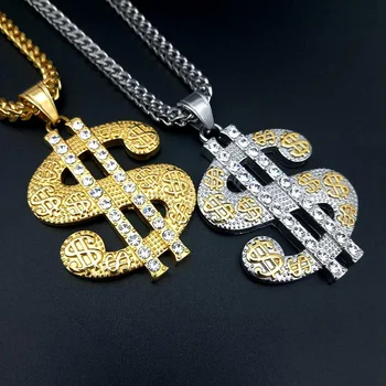 

Hip Hop Gold Color Stainless Steel Franco Chain Dollars Money Sign Pendants Necklaces for Men Rapper Jewelry Drop Shipping
