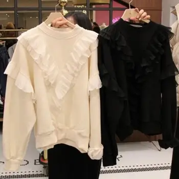 

new fashion Korean version of the solid color round neck long sleeve stitching ruffle hedging casual sweatershirt