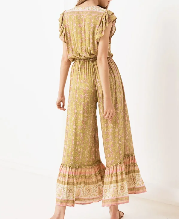 Звезда Светлячок Досуг Пляж сиамские широкие брюки женские Boho желтый цветочный принт короткий рукав комбинезон
