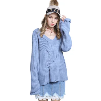 

Fashion Women Clothing Sweater Long Sleeve Loose Jumper 2020 Spring Knitted Long Pullovers V Neck Flare Sleeve Femme tops