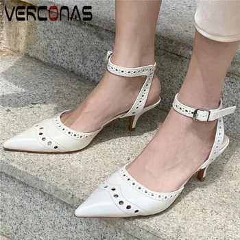 

VERCONAS Women Popular Thin Heels High Quality High Heels Sandals Pointed Toe Working Shoes Genuine Leather Summer Shoes Woman