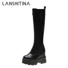 Black Leather Thick Sole Knee-High Boots 2020 Women Thigh High Platform Boots Ladies Zipper Long Boots Plush Winter Warm Boots
