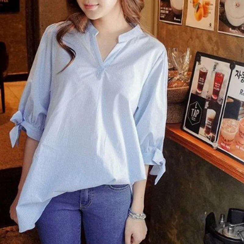 

2018 Spring And Summer Striped Cotton Stand Collar Short Sleeve Mid-length Korean-style Loose And Plus-sized Shirt Women's