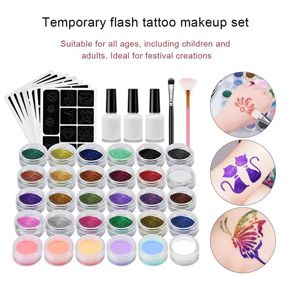 24 Color Tattoo Paint Templates Set Flash Diamond Glitter Flash Powder For Temporary Tattoo Set Kids Face Body Painting Art Tool