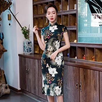 

Elegant Lady Plus Size 4XL Novelty Chinese Formal Dress Chinese Style Women Mandarin Collar Qipao Vintage Print Flower Cheongsam