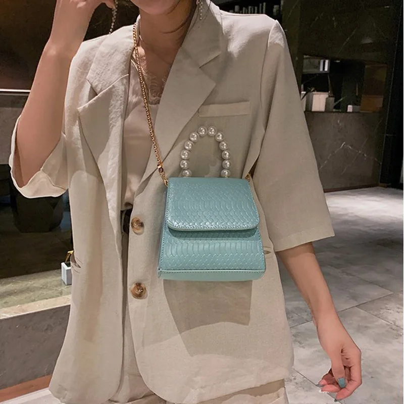 

Women's Designer Handbags Pearl Totes Fashion New Purse Flap High Quality Leather Crocodile Pattern Chain Shoulder Messenger Bag