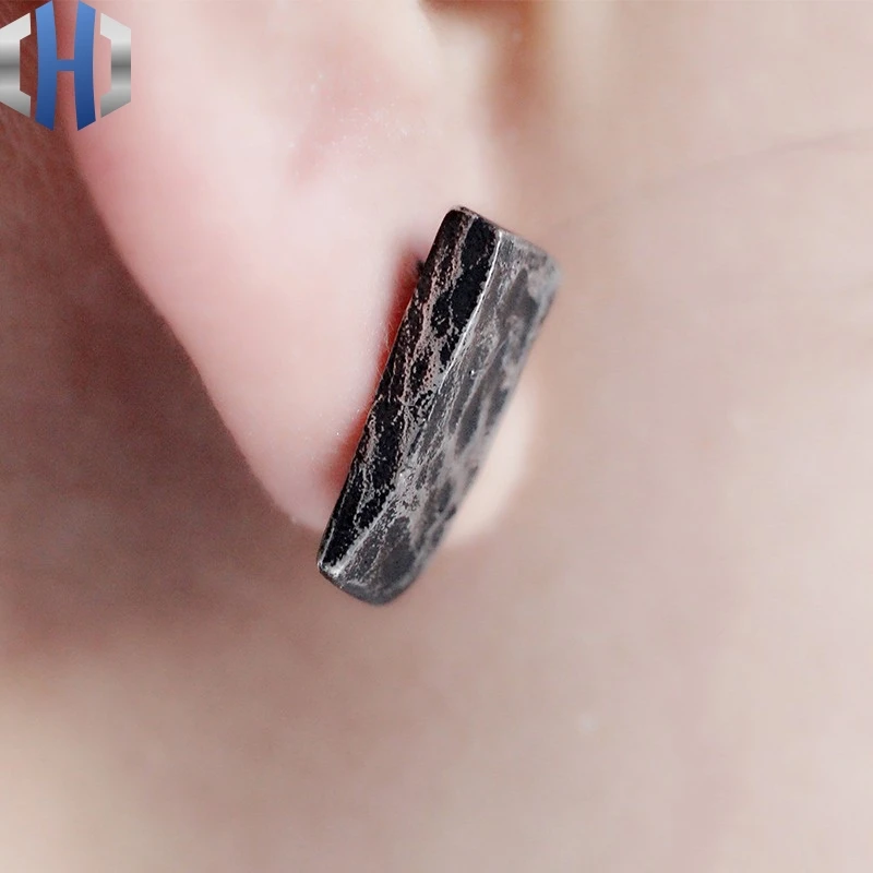 

Original Handmade Silver Jewelry House Dark Stud Earrings Silver Personality Rectangular 925 Silver Stud Earrings