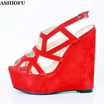 

ASHIOFU Handmade Women's Wadge Heel Sandals Cross-strap Party Prom Summer Shoes Platform Sexy Stripper Club Fashion Sandal Shoes