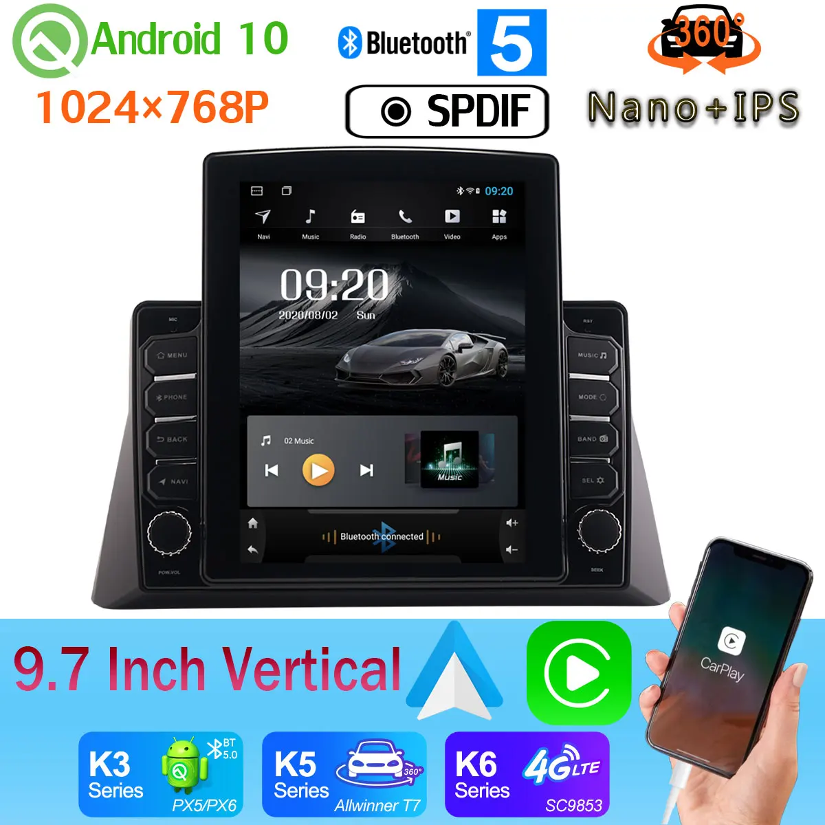 9 7 &quotВертикальный стиль автомобильный медиа GPS CarPlay Android 10 360 камера радио для Honda