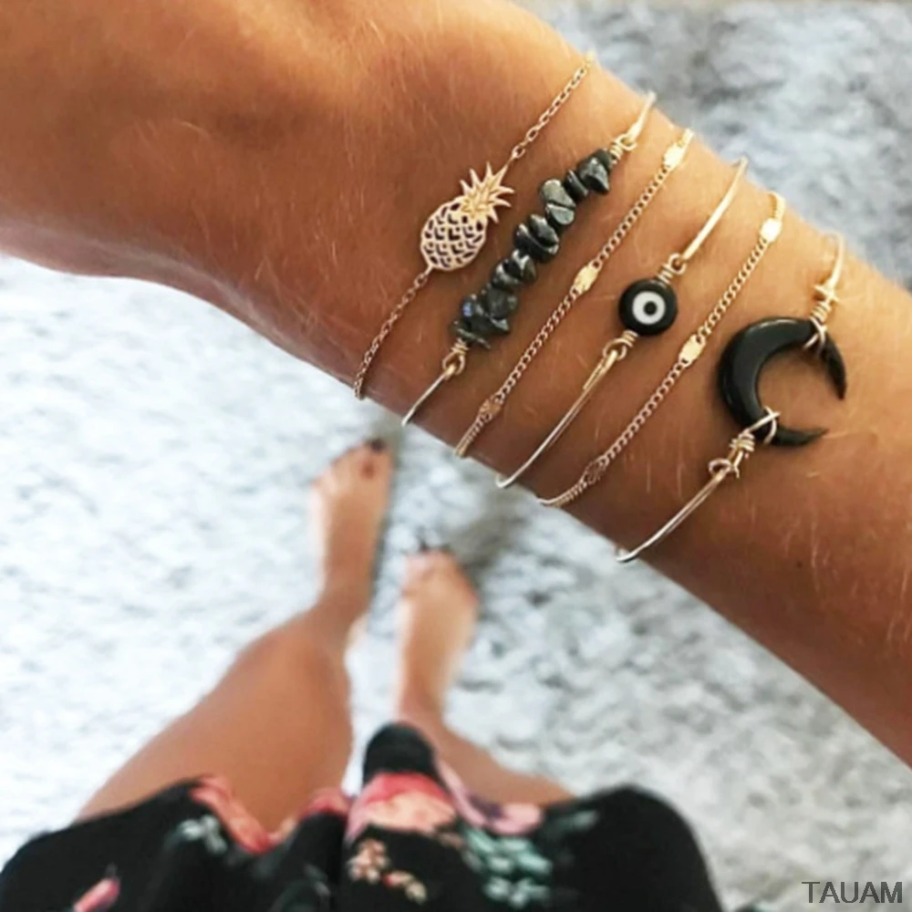 

6pc/set Black eyes broken stones horn bracelets hollow pineapple Bohemian Multilayer Bangles Moon Jewelry Gold Chain For Women