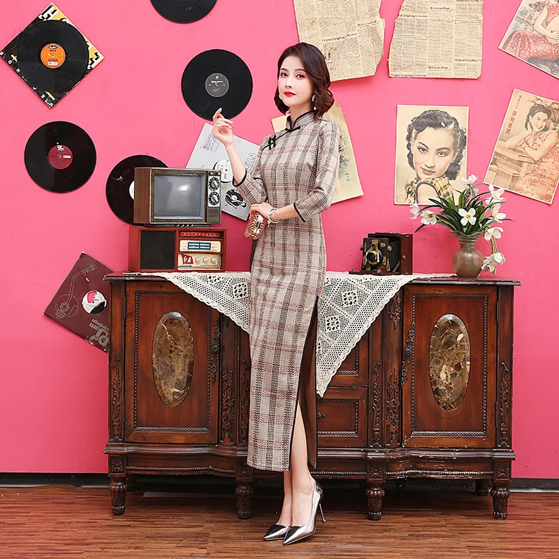 New Arrival Long Suede Vintage Ladies Chinese Style Dress Classic Qipao Stage Show Elegant Female Handmade Button Cheongsam
