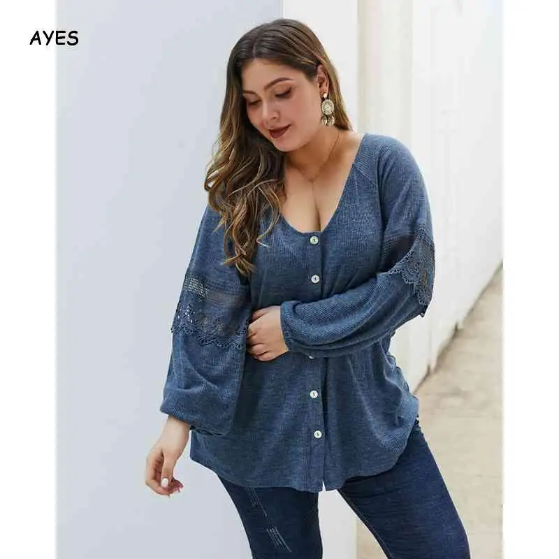 

Spring 2020 Sweaters Women Thin Sweater Lace Hollow Out Casual Knitwear Tops Lady Long Lantern Sleeve Solid Knitshirts Button Up