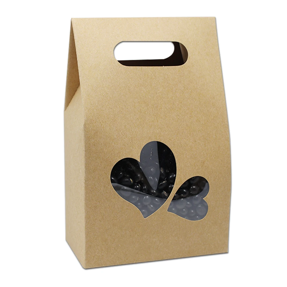

Kraft Paper Handle Event Gift Packing Box With Heart Shape Clear Window 10.5*15+6cm 50Pcs/ Lot Tea Nut Candy Stand Up Paper Bag
