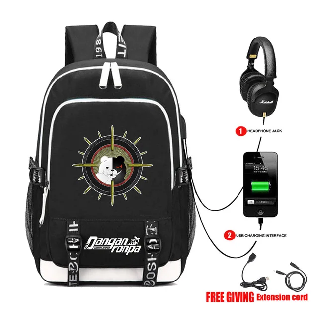 USB Charging Headphone jack Backpack School Bags Mochila Feminina Laptop Backpack Schoolbag anime Danganronpa Printing backpack