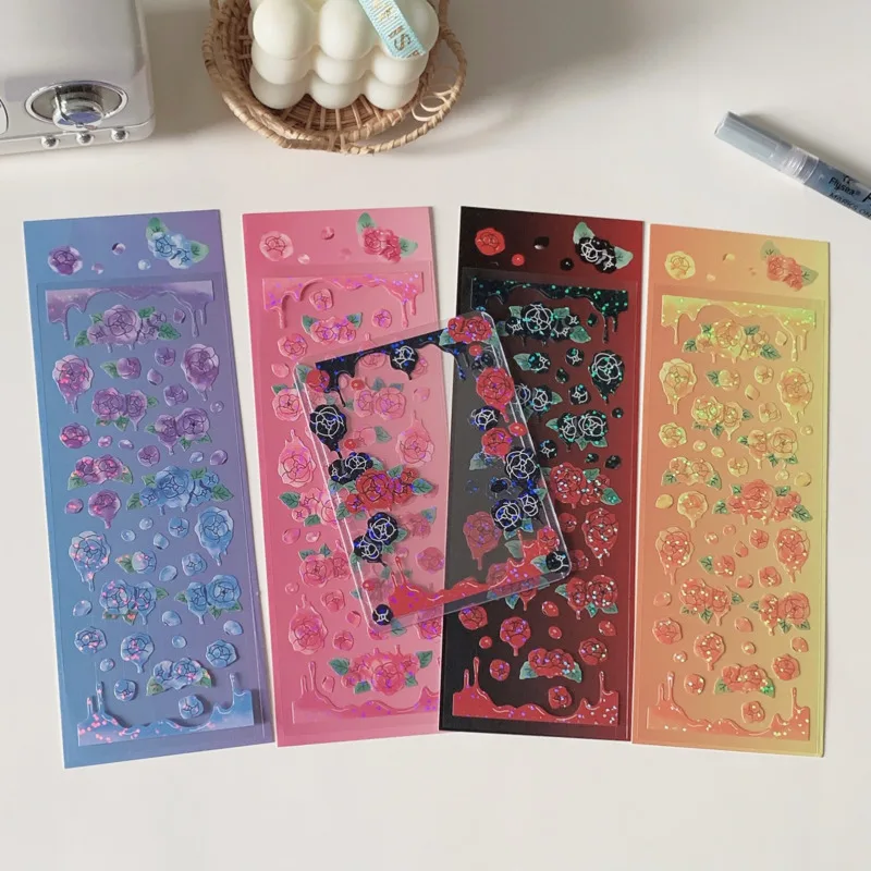 1Pc Ins Gradient Laser Rose Series Decoration Laser Stickers Scrapbooking Hand Account Cute Stationery Sticker School Suppliesr