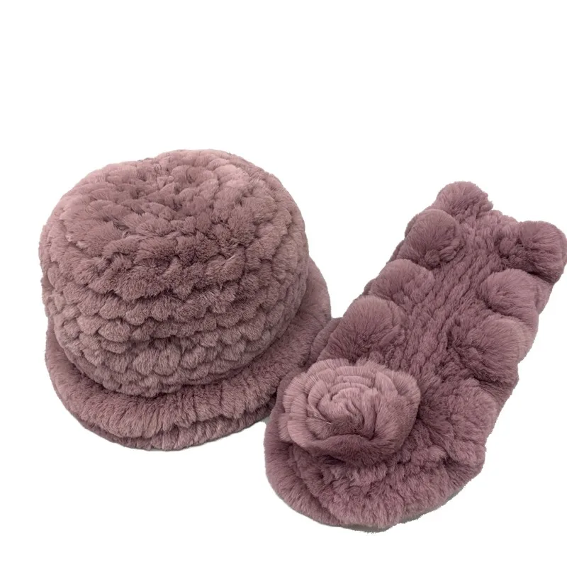 Genuine Knitted Rex Rabbit Fur Fedoras Hat with Scarf Sets Winter Warm Caps Fashion Ear Protector Headgear LF9138 | Аксессуары для